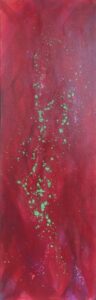 Dyptichon Teil 1,Acryl abstrakt,  rosapinkfarbener Hintergrund, längliches schmales Bild, ind der Mitte dynamische afsteigende grüne Punkte. 