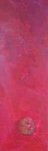 Dyptichon Teil 2. Längliches senkrechtes Bild. Hintergund zahlreiche pink und rosafarbene Lassuren. Wie Shcleier Im unter Bereich mittig eine goldfarbene Kugel. L