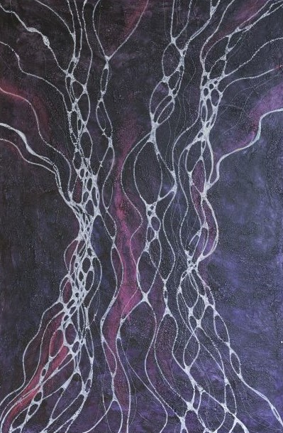 Dunkellila hochformatiges Acrylbild (Strukturpaste in der Grundierung). Mit bionischen Linie ist abstrakt ein Baum mit weißen Linien abgebildet