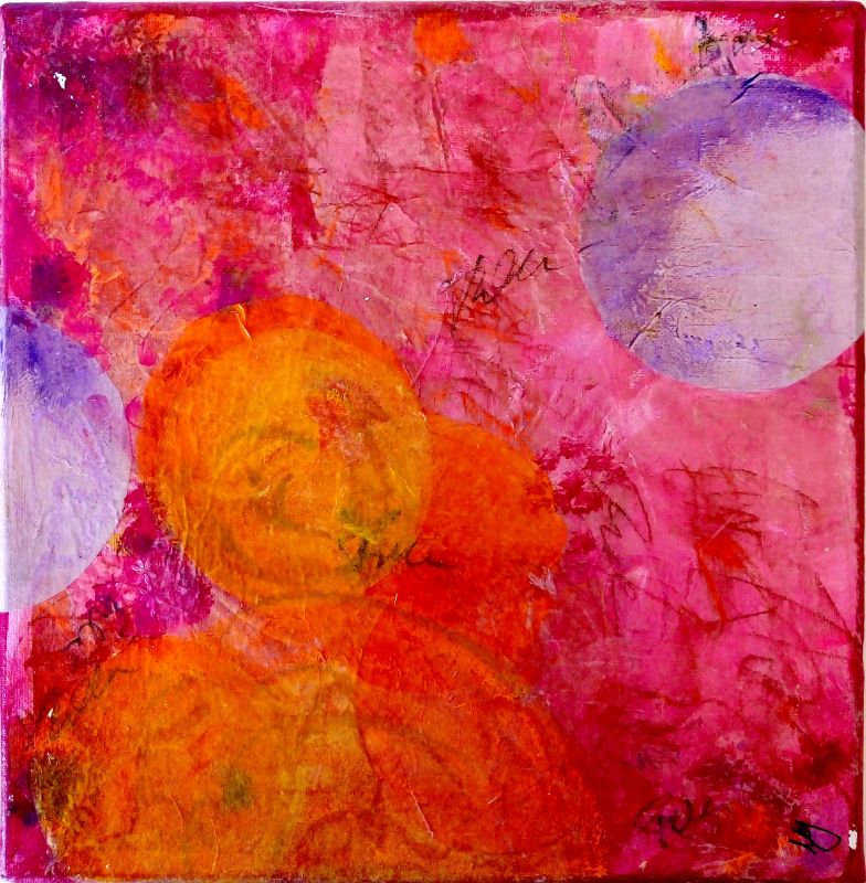 quadratisches abstraktes Acrylbild mit Kreisen und Spiralen in lila, rosa., pink orange. Teil 3 eines Tryptichons- Links unten ein Spirale in pink. Rechts oben zwei sich überlappende orangene Kreise. Rechts unten ein Kreis in lila