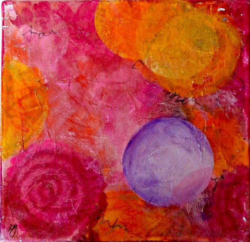 quadratisches abstraktes Acrylbild mit Kreisen und Spiralen in lila, rosa., pink orange. Teil 2 eines Tryptichons Hier ist die lila Kugel rechts seitlich oben dabei aus dem Bild zu schweben