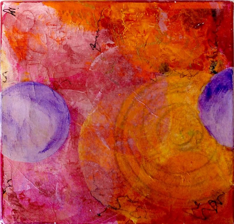 quadratisches abstraktes Acrylbild mit Kreisen und Spiralen in lila, rosa., pink orange. Teil 1 eines Tryptichons