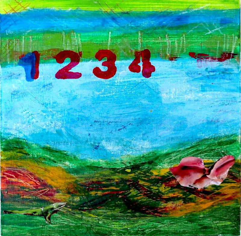 quadratisches abstraktes Landschaftsbild in grün und türkis farbenen streifen. Die Zahlen 1,2,3 4 sind mit Stempel in rot links oben aufgetragen. Teil 1 eines Tryptichons