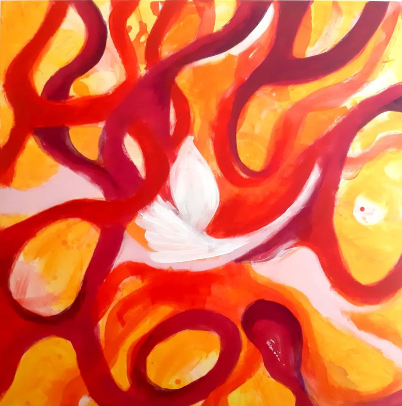 EIne Anordnung von 9 quadratischen BIldern. Jeweils 3 in einer Reihe. Hier das mittlere aus der oberen Reihe Acryl Abstrakt. Feuer. Farbe rot-orange-gelb-weiß in schwungvollen Linien